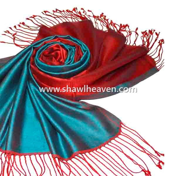 Red and Turquoise Silk scarf reversible